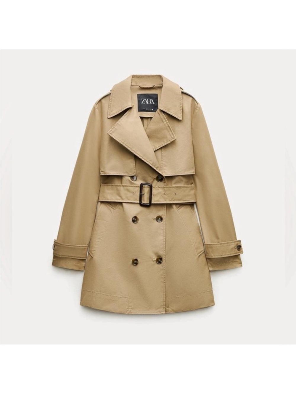 ZARA Beige Short Double-Breasted Trench Coat with Belt